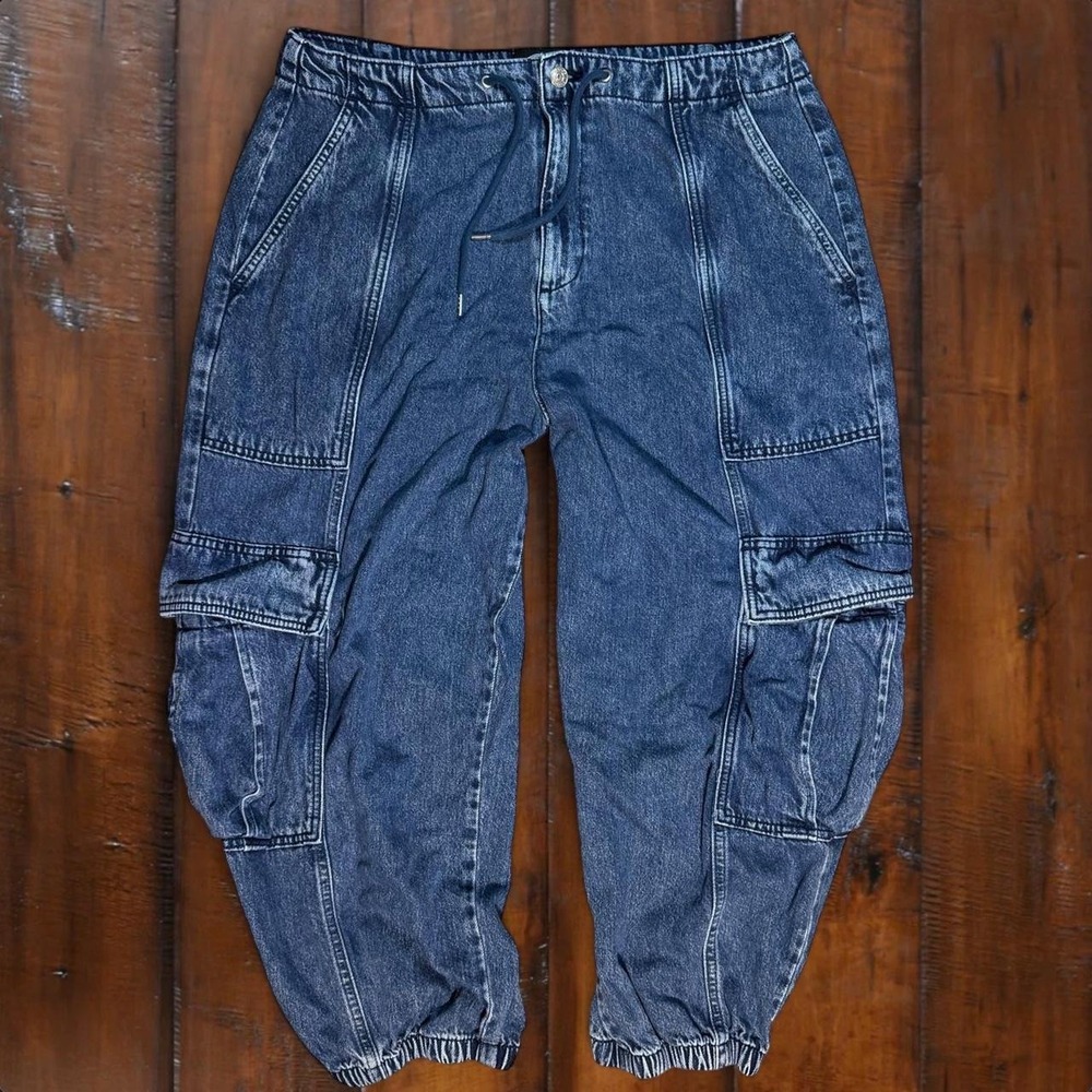Scoop Barrel Leg Cargo Jeans Women's Large Blue Denim Utility Drawstring Y2K